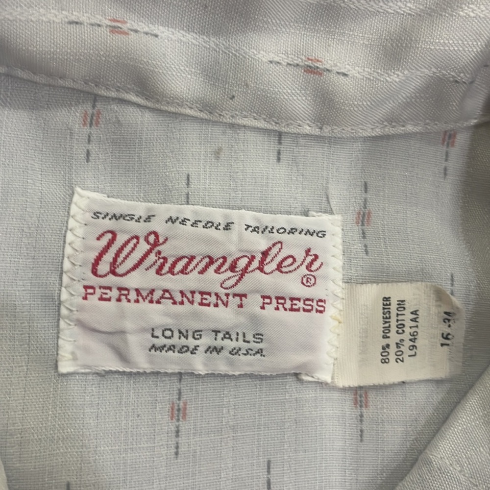 Vtg Wrangler Permanent Press Single Needle Tailoring Long Tails Shirt Sz 16 x 34